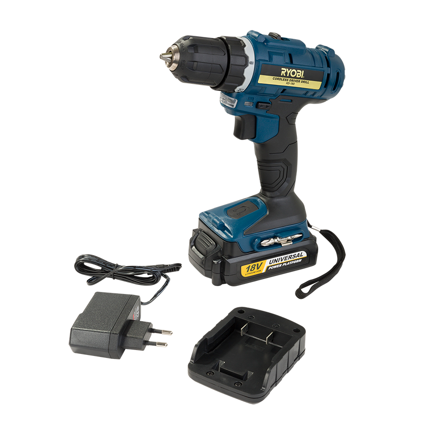 RYOBI DRILL DRIVER KIT CORDLESS 18V 10MM WITH BATTERY AND CHARGER (XD-180)