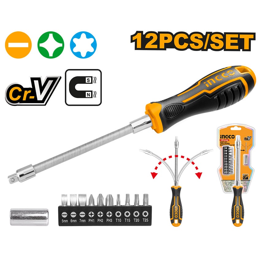 INGCO SCREWDRIVER FLEXIBLE SHAFT 12PCE