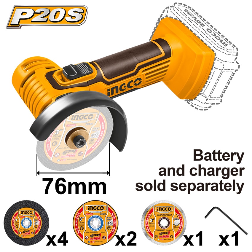 INGCO GRINDER CORDLESS 76MM 8P 20V