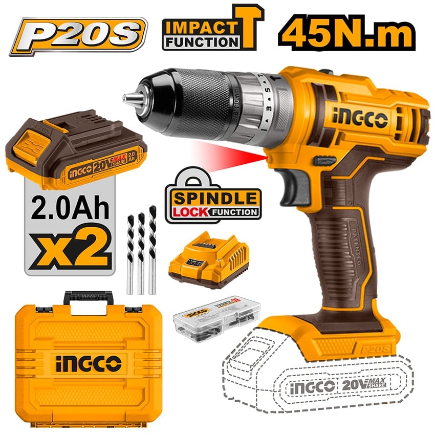 INGCO DRILL IMPACT CORDLESS 20V 45NM 50P KIT