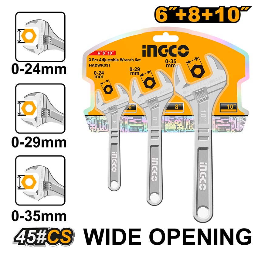 INGCO WRENCH ADJUST 150-250MM 3PCE