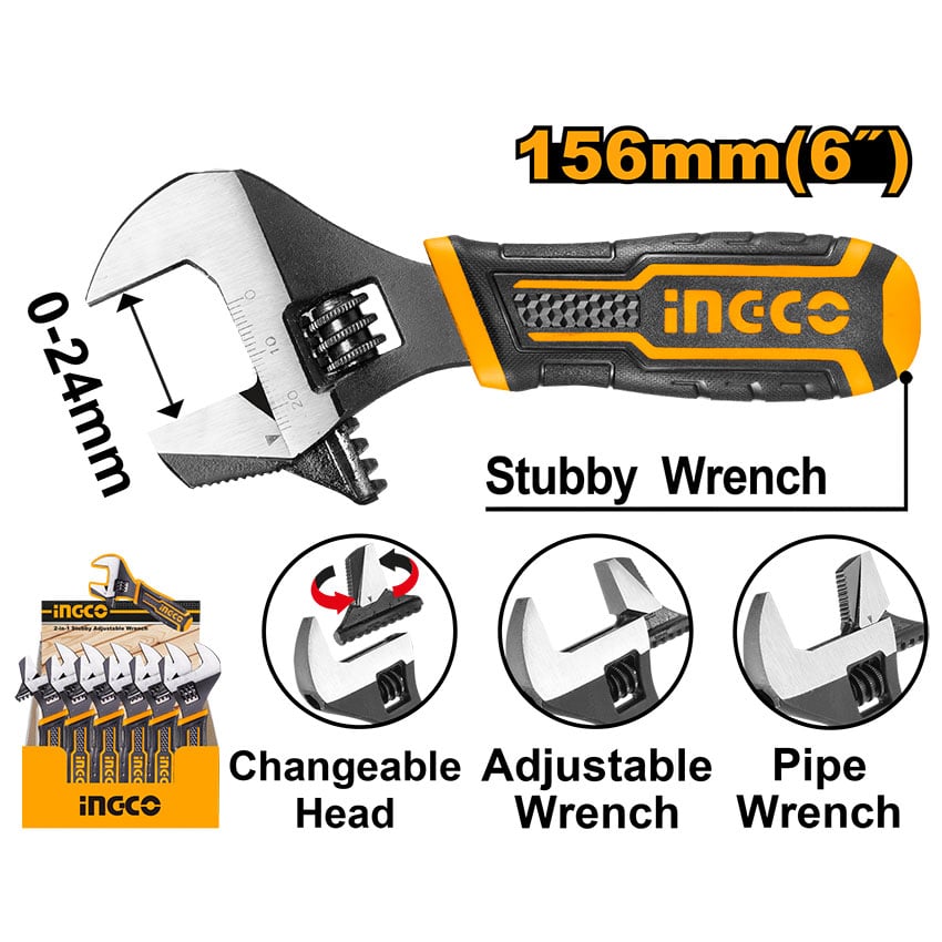 INGCO WRENCH ADJUST 2IN1 STUBBY 156MM