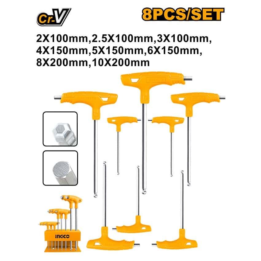 INGCO ALLEN KEY HEX T-HANDLE BALL POINT 8PCE