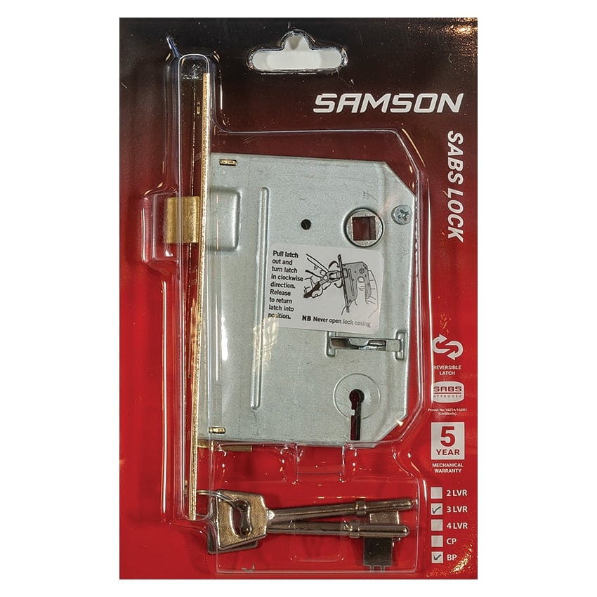 Samson Lock body 3 Lever SABS - Brass Plated