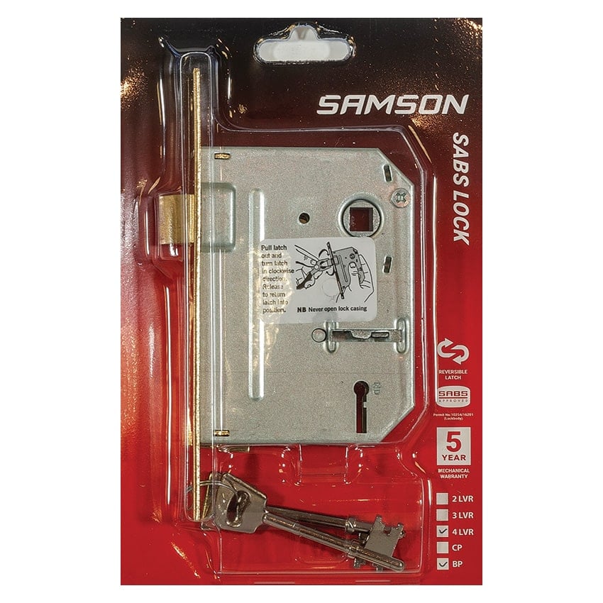 Samson Lock body 4 Lever SABS - Brass Plated