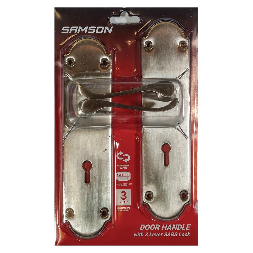 Samson Lockset Key 3 Lever SABS Victorian Scroll 8 Inch - Satin Nickel