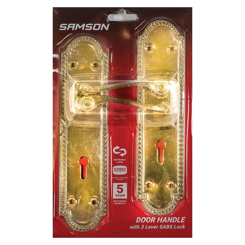 Samson Lockset Key 3 Lever SABS Georgian 8 Inch - Brass Plated