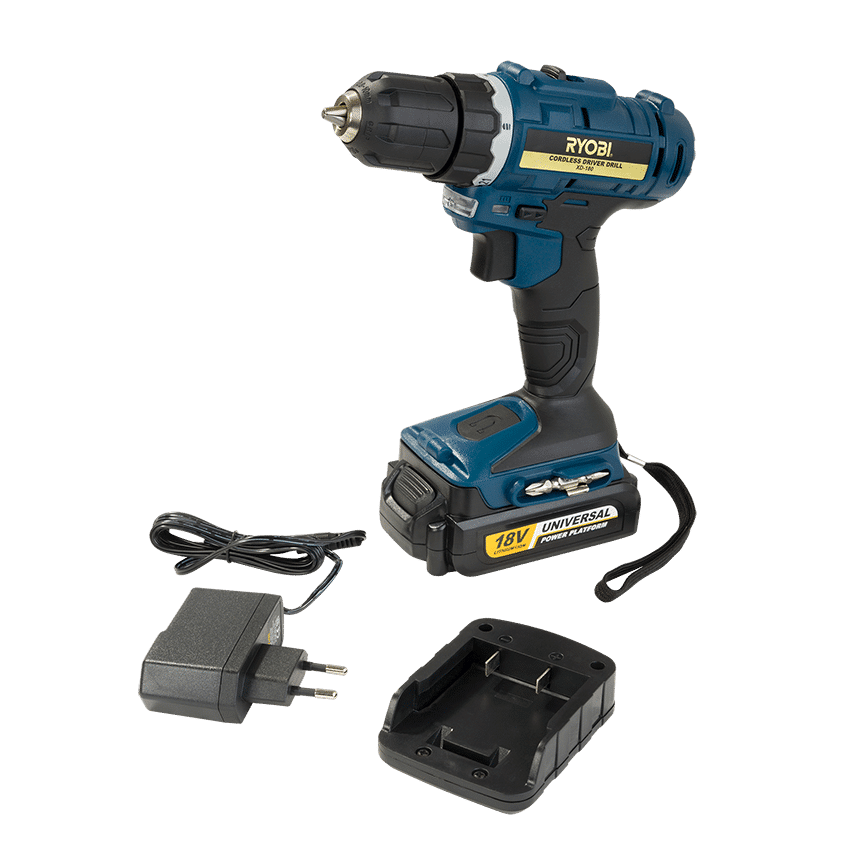 RYOBI DRILL DRIVER KIT CORDLESS 18V 10MM WITH BATTERY AND CHARGER (XD-180)